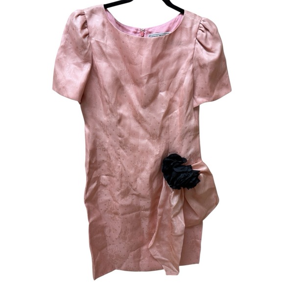 Vintage Carolina Herrera Couture Pink Jacquard Cocktail Dress Sz 12 Puff  Sleeve